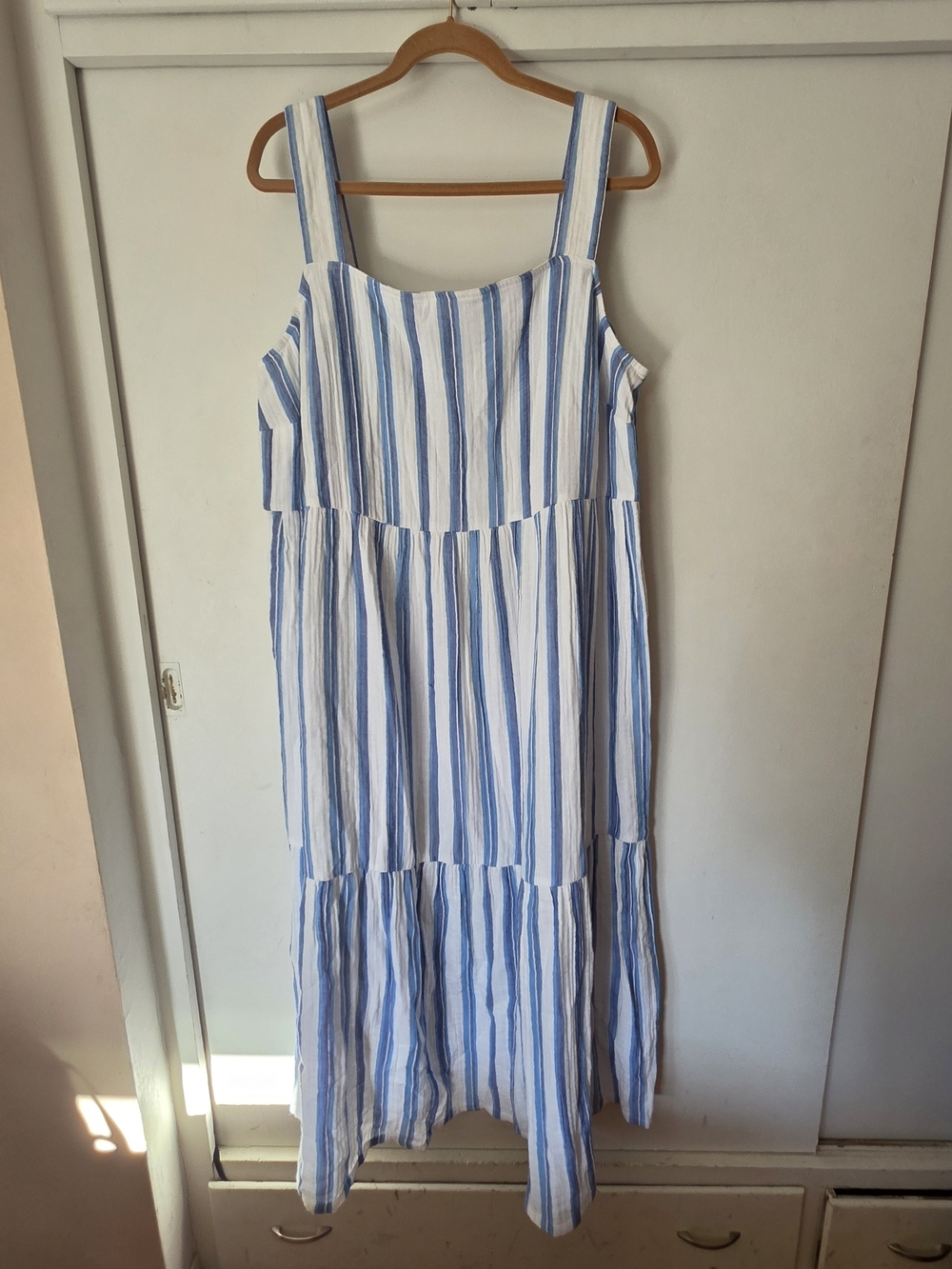 J. Jill Blue & White Vertical Stripe Tiered Maxi Dress